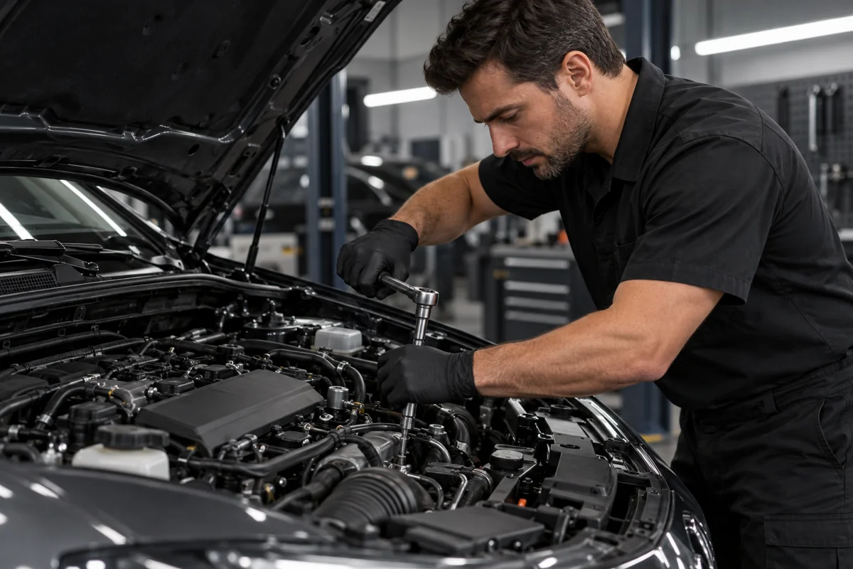 Mecânico trabalhando no motor de um carro
